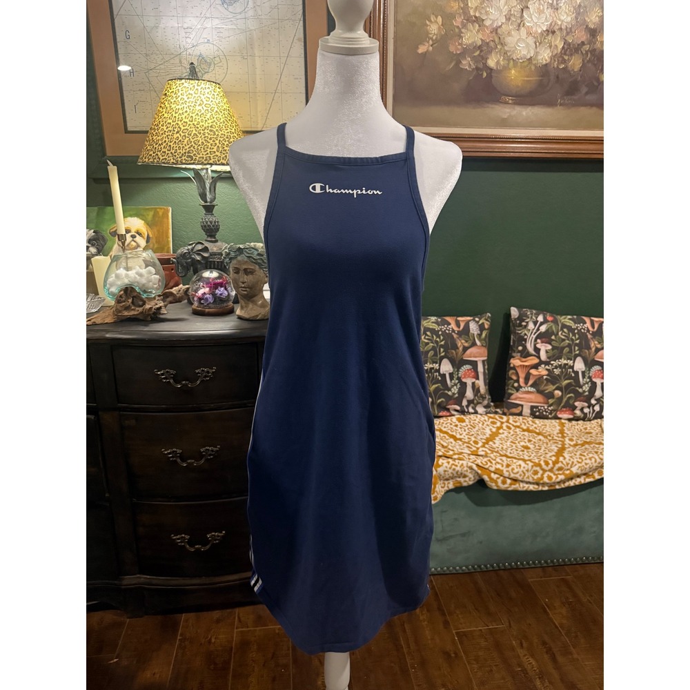 Champion Navy Blue Athletic Mini Dress XS Racerback Side Stripe Logo Halter Neck
